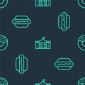 Set line United States Capitol Congress, Hotdog sandwich and Donut on seamless pattern. Vector