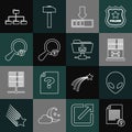 Set line Unknown document, Alien, Mail server, Loading, search, Search location, Folder tree and FTP folder download Royalty Free Stock Photo