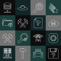 Set line Unknown document, Police badge, Cloud mail server, Search location, Two crossed hammers, directory, Server