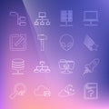 Set line Unknown document, Rocket ship with fire, Falling star, Server, Data, Web Hosting, Hammer, Open new window Royalty Free Stock Photo