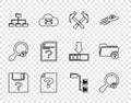 Set line Unknown document, Search location, Two crossed hammers, Folder tree, and directory icon. Vector Royalty Free Stock Photo