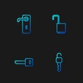 Set line Unlocked key, Key, Door handle and Open padlock. Gradient color icons. Vector