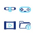 Set line Upload file, Movie clapper, Gamepad and Diploma rolled scroll icon. Vector Royalty Free Stock Photo