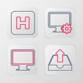 Set line Upload inbox, Computer monitor screen, and gear and Hospital icon. Vector Royalty Free Stock Photo