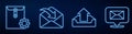 Set line Upload inbox, Envelope setting, Envelope, Speech bubble with envelope and Download inbox. Glowing neon icon on