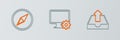 Set line Upload inbox, Wind rose and Computer monitor and gear icon. Vector Royalty Free Stock Photo