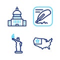 Set line USA map, Statue of Liberty, Declaration independence and White House icon. Vector