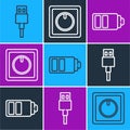 Set line USB cable cord, Battery charge level indicator and Electric light switch icon. Vector Royalty Free Stock Photo