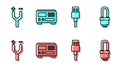 Set line USB cable cord, Electric cable, Electrical measuring instruments and LED light bulb icon. Vector Royalty Free Stock Photo