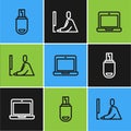 Set line USB flash drive, Laptop and Student working at laptop icon. Vector Royalty Free Stock Photo