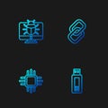 Set line USB flash drive, Processor with microcircuits CPU, System bug on monitor and Chain link. Gradient color icons Royalty Free Stock Photo