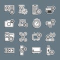 Set line USB flash drive setting, Router and wi-fi, Air conditioner, Mobile Apps, Photo camera, and Time management icon Royalty Free Stock Photo