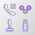 Set line USB flash drive, Stamp, Gear and Telephone handset icon. Vector Royalty Free Stock Photo