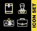 Set line User of man in business suit, Briefcase, Identification badge and Envelope icon. Vector