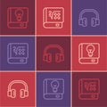 Set line User manual, Headphones and Book with mathematics icon. Vector Royalty Free Stock Photo