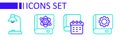 Set line User manual, Daily paper notepad, Book about physics and Table lamp icon. Vector Royalty Free Stock Photo