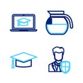 Set line User protection, Graduation cap, Coffee pot and laptop icon. Vector