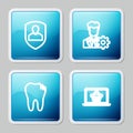 Set line User protection, Profile settings, Broken tooth and Shopping basket laptop icon. Vector Royalty Free Stock Photo