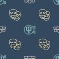 Set line Users group, Comedy and tragedy masks and Psychology, Psi on seamless pattern. Vector