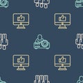 Set line Users group, Hand like and Media projector on seamless pattern. Vector