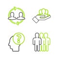 Set line Users group, Human head with question mark, Project team base and resources icon. Vector