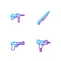 Set line UZI submachine gun, Desert eagle, Submachine M3 and Military knife. Gradient color icons. Vector