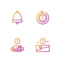 Set line Vacation time, Food, Ringing bell and Clock with arrow. Gradient color icons. Vector Royalty Free Stock Photo