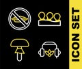 Set line Vacuum cans, Headphones for meditation, Mushroom and Food no diet icon. Vector