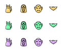 Set line Vampire, Black cat, Funny and scary ghost mask and Flying bat icon. Vector