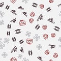 Set line Vampire teeth, Bloody knife, Crossed bones and Flying bat on seamless pattern. Vector