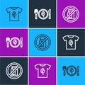 Set line Vegan shirt, No pack of milk and food diet icon. Vector