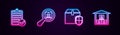 Set line Verification of delivery list, Search package, Delivery box security shield and Warehouse. Glowing neon icon