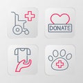 Set line Veterinary clinic, Clothes donation, Donation and charity and Wheelchair for disabled person icon. Vector Royalty Free Stock Photo