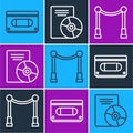 Set line VHS video cassette tape, Carpet with barriers and CD or DVD disk icon. Vector Royalty Free Stock Photo