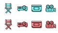 Set line VHS video cassette tape, Director movie chair, Movie, film, media projector and Cinema camera icon. Vector Royalty Free Stock Photo