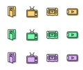 Set line VHS video cassette tape, Fire exit, Retro tv and Online play icon. Vector Royalty Free Stock Photo