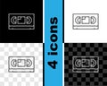 Set line VHS video cassette tape icon isolated on black and white, transparent background. Vector Royalty Free Stock Photo