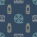 Set line VHS video cassette tape, USB flash drive and Film reel on seamless pattern. Vector Royalty Free Stock Photo