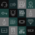Set line Video game console, Diamond, Bottle with magic elixir, Portable video, Mask of the devil horns, Ancient key for Royalty Free Stock Photo