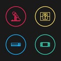 Set line Video game console, Portable video, Mystery random box and Microphone icon. Vector