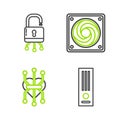 Set line Video game console, Processor, Computer cooler and Lock digital circuit board icon. Vector