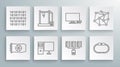 Set line Video graphic card, 3D printer, Computer monitor, Server, Data, Web Hosting, Smartwatch, Tv, Neural network and