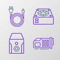Set line Video graphic card, Uninterruptible power supply, Computer cooler and Electric plug icon. Vector