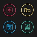 Set line Video recorder or editor, MP3 file, Cinema camera and Record button icon. Vector Royalty Free Stock Photo