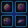 Set line Vintage pistol, Antique treasure chest, Compass and Ship porthole with seascape. Gradient color icons. Vector