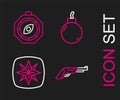 Set line Vintage pistol, Wind rose, Bomb ready explode and Compass icon. Vector Royalty Free Stock Photo
