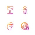 Set line Vinyl disk, Vip inside head, Cocktail and Candy. Gradient color icons. Vector
