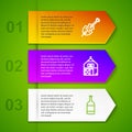 Set line Violin, Farm House, Beer bottle and Retro wall watch. Business infographic template. Vector