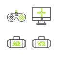 Set line Virtual reality glasses, Ar, augmented, Computer monitor and Gamepad icon. Vector