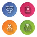 Set line Virtual reality glasses, Book, Nerd geek and Waistcoat. Color circle button. Vector